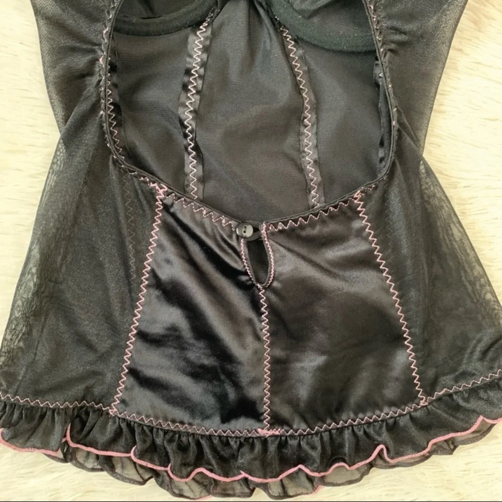 Vintage Y2K Black Satin Corset Style Slip w Pink Trim Set
